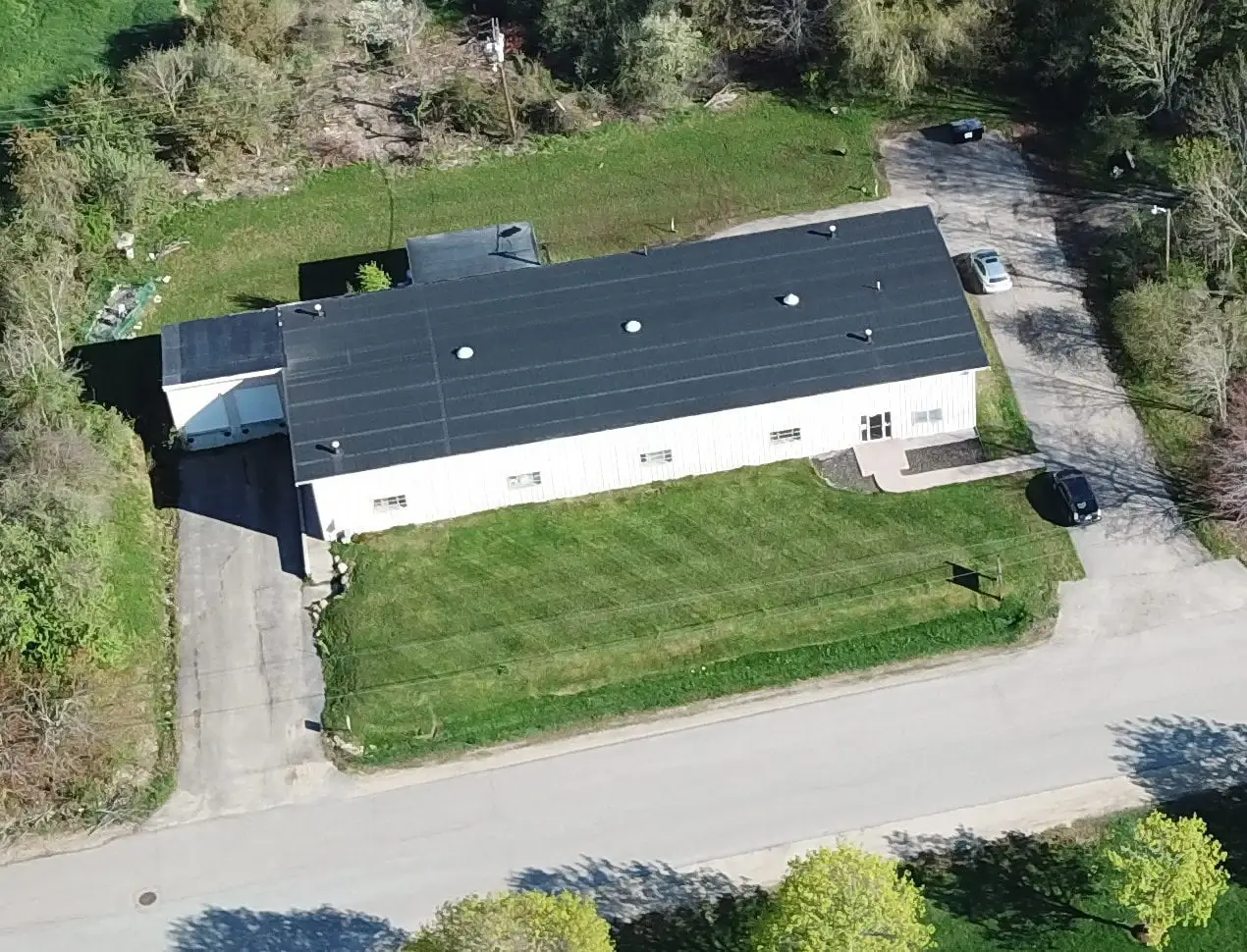 Aerial view of a large industrial building.